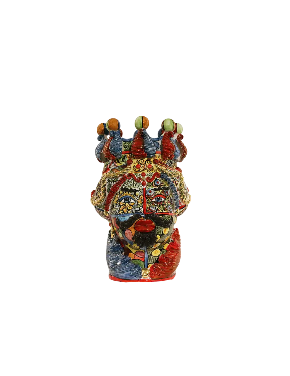 Handgefertigte Keramikskulptur Demetra Sicily Art aus Caltagirone mit warmen Rubinakzenten und echter Goldveredelung. Ein exklusives Unikat im Art & Glasdesign Stil.