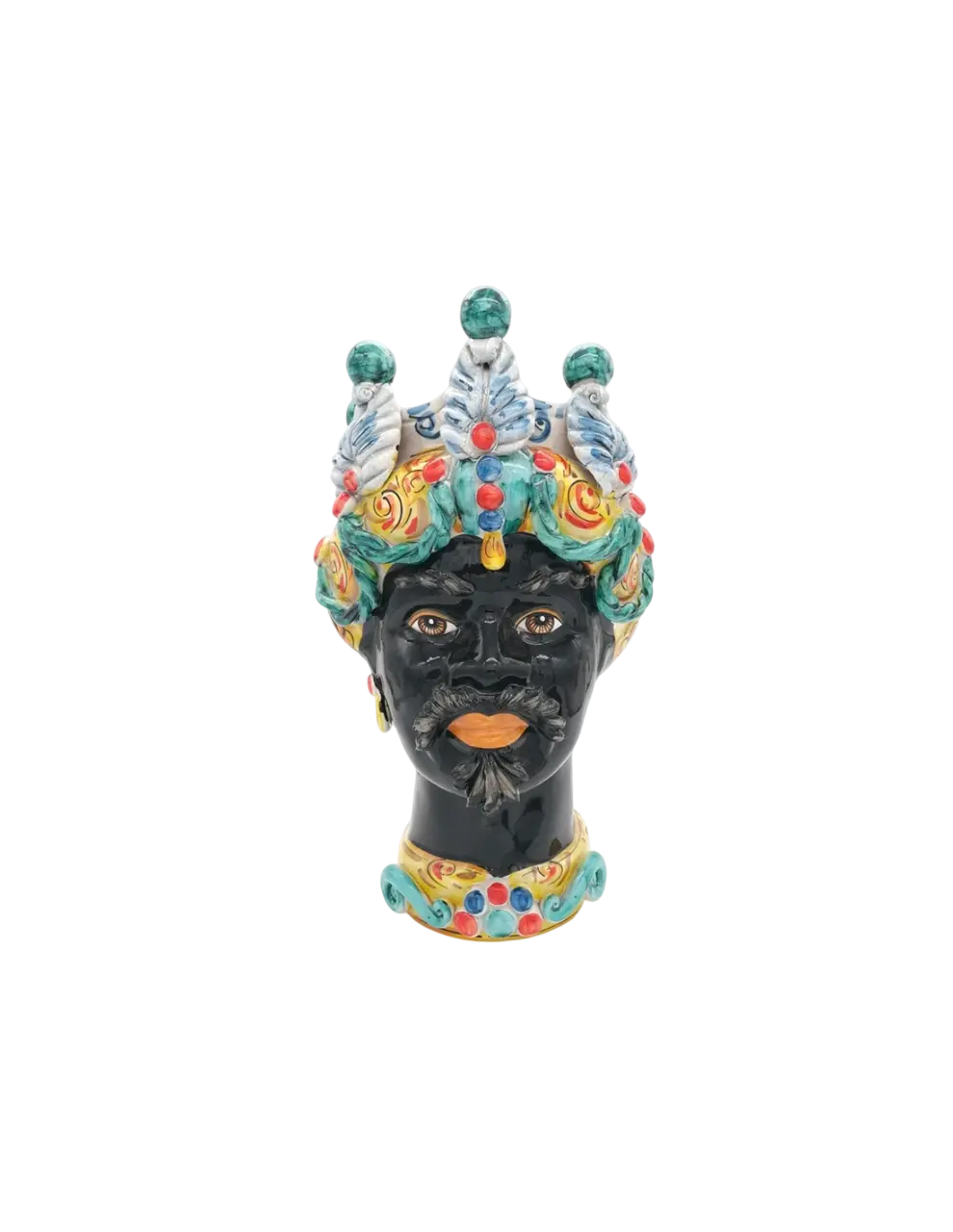 Handgefertigte Keramikskulptur Liberty Multicolore aus Caltagirone mit schwarzem Hochglanz-Gesicht und intensivem Multicolor-Dekor. Ein Unikat im Art & Glasdesign Stil.