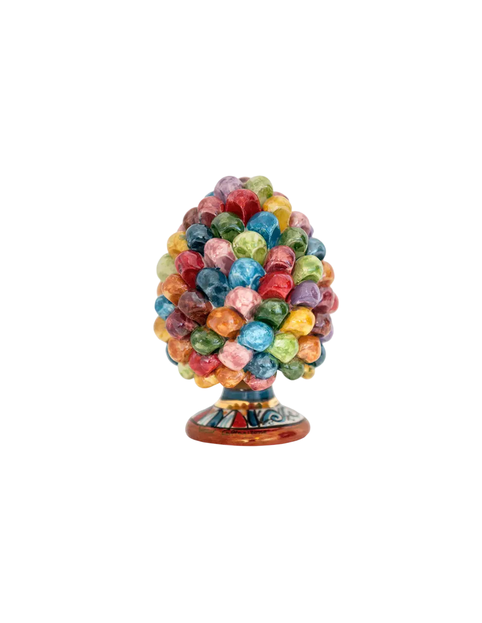Handgefertigte Pigna Artigianale Sicily Art aus Caltagirone. Bunte Keramikskulptur mit Goldverzierungen als Symbol für Glück und Wohlstand.