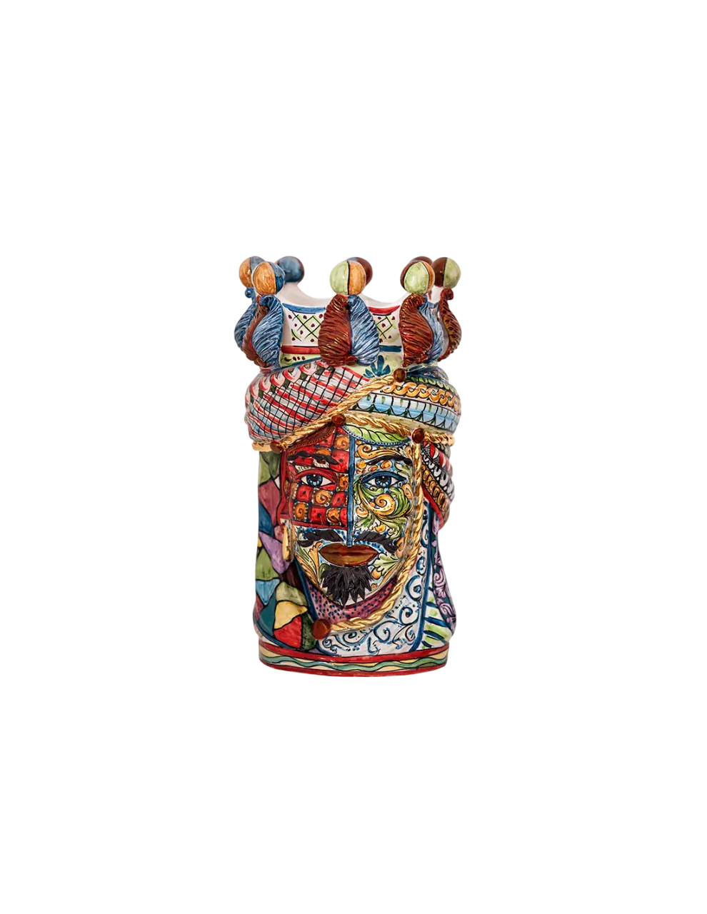 Handgefertigte Keramikskulptur Sicilyart Frida aus Caltagirone mit leuchtenden Multicolor-Farben und echten Golddetails. Ein exklusives Art & Glasdesign Unikat.