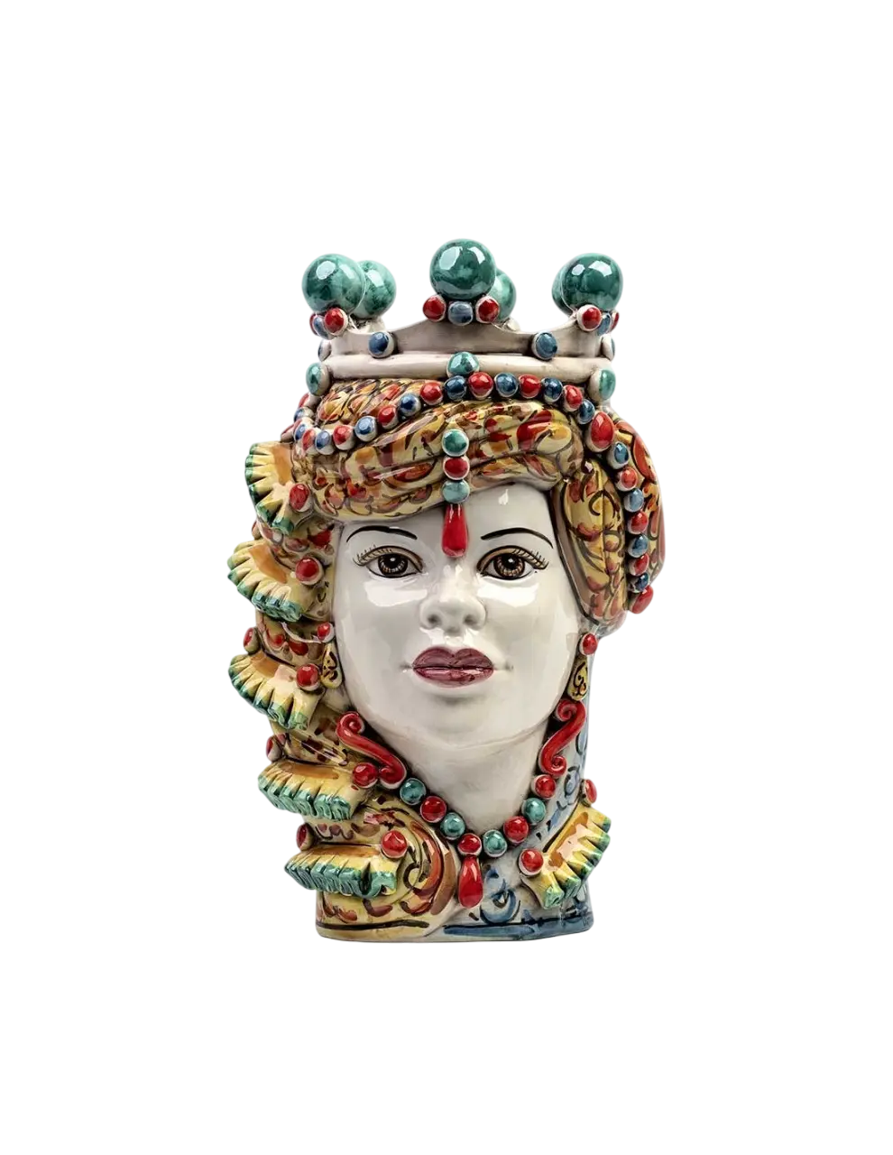 Handgefertigte Testa di Moro Frau Mediterraneo Colored Spirals aus Caltagirone. Antik-weißes Gesicht mit buntem Spiral-Dekor und grüner Krone.